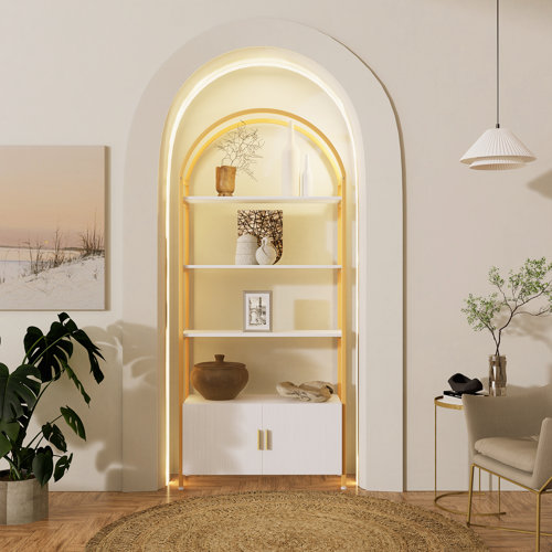 Mercer41 Gretlies Gold Bookshelf Arched Bookcase With Doors Hidden